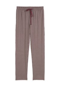 Herenslaapbroek in een bordeauxrood en crèmekleurig geometrisch patroon, gemaakt van zachte stof met een elastische tailleband en een verstelbaar trekkoord.