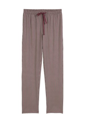 Men's pajama pants in a burgundy and cream geometric pattern, made of soft fabric with an elastic waistband and adjustable drawstring.