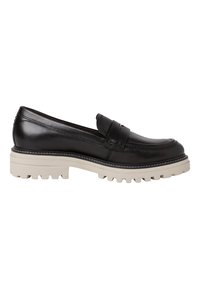 Mocassin en cuir noir avec semelle épaisse blanche et robuste, détail de bride penny et couture le long du bord supérieur, vu de profil.