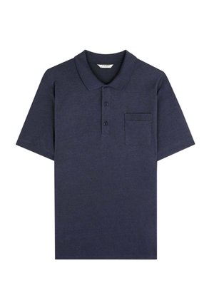 Mørkeblå polo skjorte med krave, korte ærmer, tre knapstolper og en brystlomme. Fremstillet af et glat, tekstureret stof.