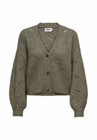 Cardigan cropped khaki in maglia testurizzata con scollo a V, caratterizzato da chiusure a bottoni e dettagli in maglia aperta a motivo. Maniche lunghe e puff.