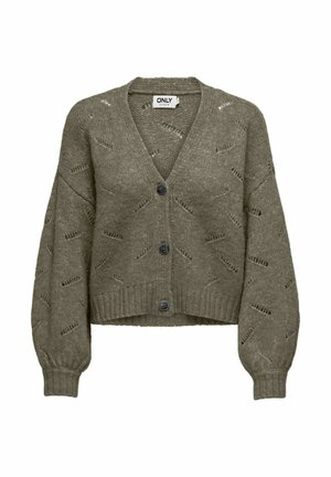 Khaki krótki kardigan wykonany z teksturowanej dzianiny z dekoltem w serek, z zapięciem na guziki oraz wzorzystymi detalami z otwartej dzianiny. Długie, bufiaste rękawy.
