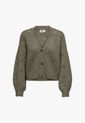 Khaki värvitud lühike kardigan, mis on valmistatud tekstuuriga kudumist, v-kaelusega, millel on nööbikinnitus ja mustrilised avatud kudumise detailid. Pikad, puffed käised.