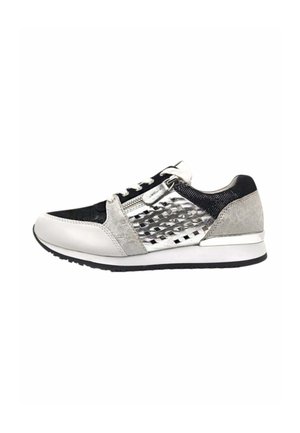 Low-profile sneaker with black mesh, silver textured leather panels, side zipper, white toe cap, and white sole with black tread.