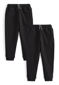 Schwarze Sweatpants mit einem Kordelzugbund, gerippten Bündchen und Seitentaschen. Hergestellt aus einem weichen, strapazierfähigen Stoff. Zwei Paare präsentiert.