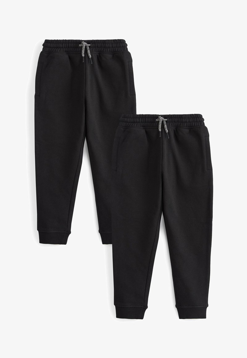 Zwarte joggingbroek met een koord in de taille, ribbekanten en zijzakken. Gemaakt van een zachte, duurzame stof. Twee paar tentoongesteld.