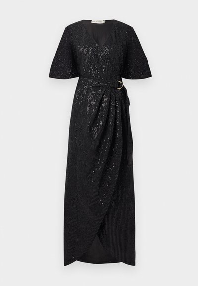 Black wrap dress with short sleeves, featuring a V-neck and gold accent belt. Textured fabric with subtle shimmering details. Maxi length.