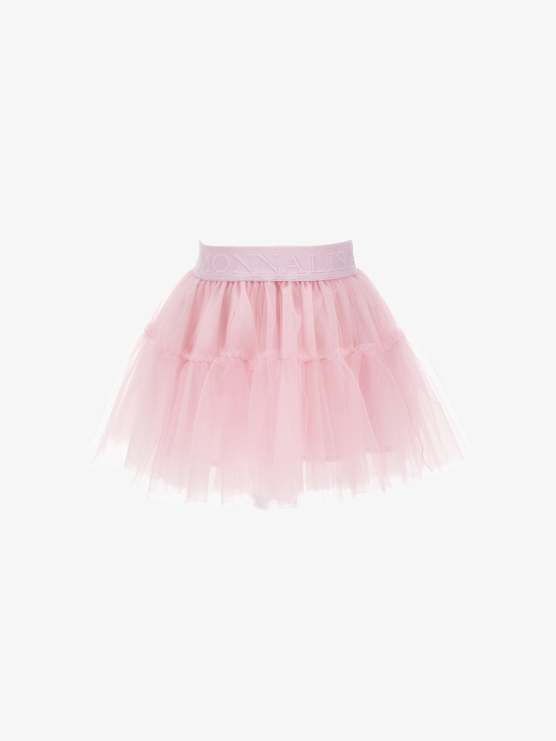 Jupe en tulle rose avec une largeur de volants superposés, texture douce et taille élastique arborant le nom de la marque "MONNALISA" en lettres en relief.