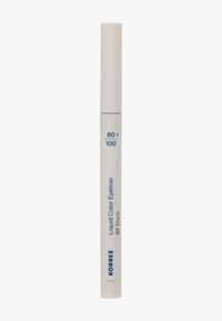 Biały eyeliner w płynie oznaczony "Korres 60+ 100, Liquid Color Eyeliner 01 Black" z zamkniętą nasadką na jednolitym tle.