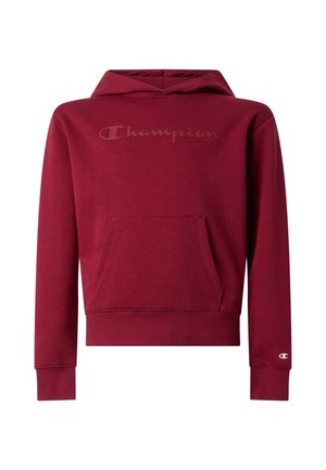 Bordeauxfarbener Champion Hoodie mit Fronttasche, langen Ärmeln, Kapuze und dezent erhabenem Logo auf der Brust sowie kleinem Logo am linken Ärmelbündchen.