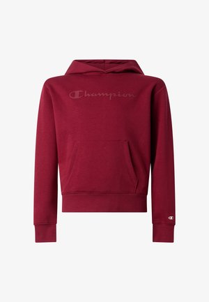 Sweat à capuche Champion bordeaux avec poche avant, manches longues, capuche et logo discret en relief sur la poitrine ainsi qu’un petit logo sur le poignet gauche.