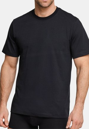 T-shirt nera a maniche corte in tessuto di cotone, con scollatura a girocollo e taglio dritto. Texture liscia senza motivi o dettagli visibili.