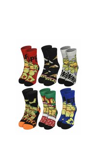 Set di sei paia di calzini di cotone con i Teenage Mutant Ninja Turtles, in rosso, nero, grigio, verde e blu, con grafiche e motivi colorati.