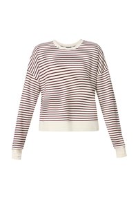 T-shirt à manches longues à col rond avec des rayures horizontales bordeaux et blanches, épaules tombantes, et poignets et ourlet blancs unis.