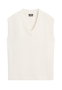 Hvid ærmeløs strikket pullover med V-hals og ribbet kant. Blød tekstur og enkelt design, velegnet til lag-på-lag.