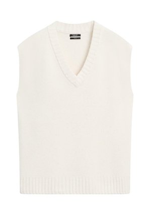 Biały bezrękawnik dzianinowy z dekoltem w serek i ściągaczem. Miękka tekstura i prosty design, odpowiedni do nakładania warstw.