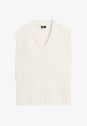 Vitt ärmlöst stickat plagg med V-ringning och ribbad kant. Mjuk struktur och enkelt design, lämplig för lager på lager.