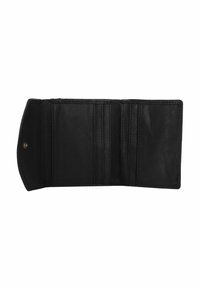 Black leather wallet with a textured surface, multiple card slots, and a snap closure. Interior features clean stitching and a minimalist design.