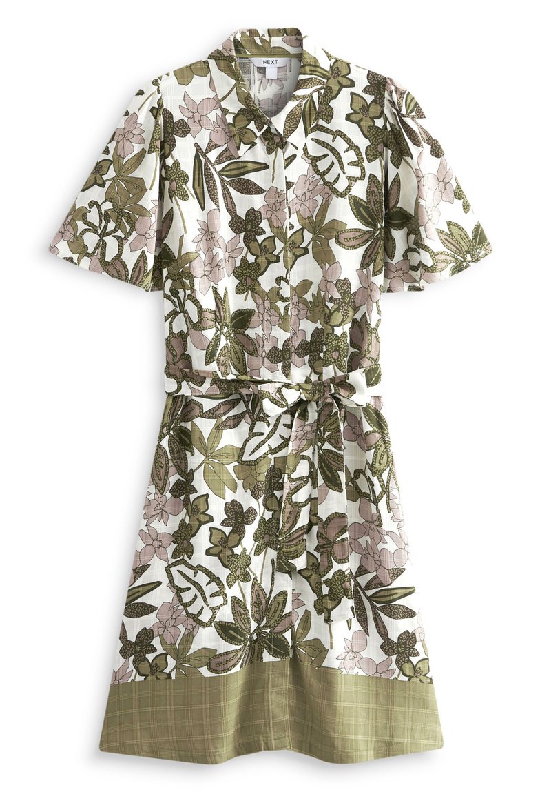 Kurzarmkleid mit Kragen, ausgestattet mit einem Blumen- und Blättermuster in Grün und Pink auf einem weißen Hintergrund, tailliert und mit einem karierten Saum.