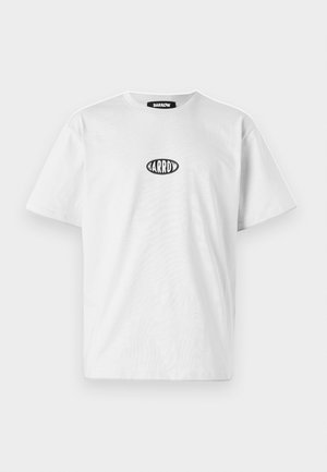 T-shirt bianco in cotone con maniche corte e collo rotondo. Presenta un logo ovale nero che riporta la scritta "BARROW" al centro.