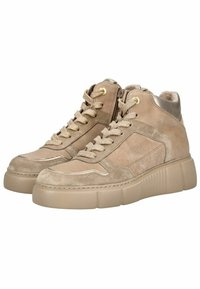 Beige Hochformat-Sneaker aus Wildleder und Leder, mit einer strukturierten Oberfläche, gepolstertem Schaft und Gummisohle mit vertikalen Rillen.