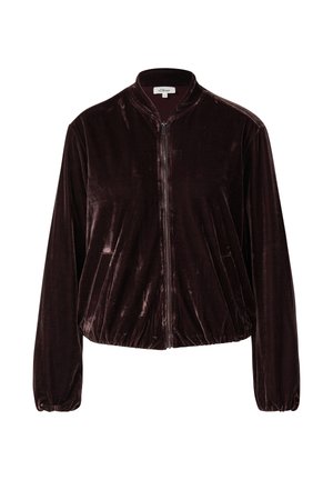 Ciemnobrązowa aksamitna kurtka na zamek z długimi rękawami, elastycznymi mankietami i bez kołnierza.