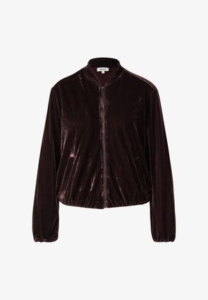 Ciemnobrązowa aksamitna kurtka na zamek z długimi rękawami, elastycznymi mankietami i bez kołnierza.