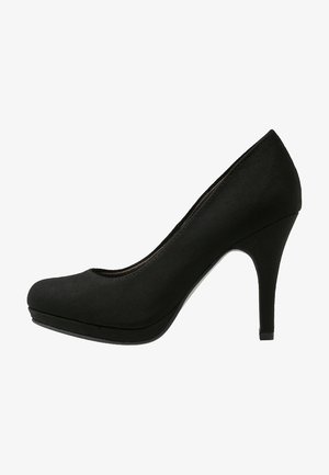 Black high-heeled shoe featuring a smooth suede-like texture, rounded toe, platform design, and a slender heel.
