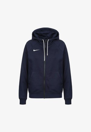 Navyblå hættetrøje med lynlås, forlommer, hvide snore og hvid Nike swoosh-logo på venstre bryst.