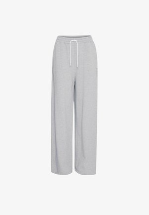 Pelēki sporta bikses, izgatavotas no mīksta materiāla, ar elastīgu jostu un saistošām auklām, plaša kāju dizains. Nav ievērojamu rakstu vai akcentu.