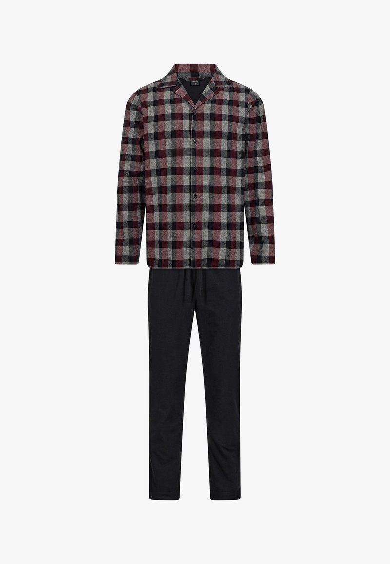 Herre pyjamasæt med en rød, grå og sort ternet skjorte med lange ærmer og matchende sorte bukser med elastisk talje.