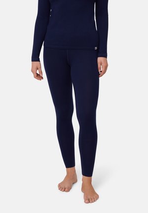 Haut à manches longues bleu marine associé à des leggings assortis, tous deux réalisés dans un tissu lisse et extensible. Conception ajustée avec des coutures plates.