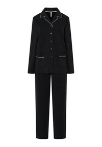 Conjunto de pijama negro con parte superior de botones de manga larga y pantalones a juego. Presenta ribetes blancos en el cuello y los bordes de los bolsillos.