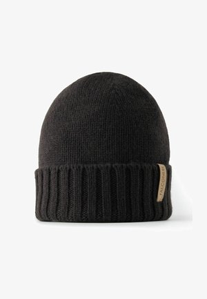 Bonnet tricoté noir avec un revers côtelé, fabriqué à partir d'un matériau doux. Présente une petite étiquette logo sur le côté. Forme ronde, finition texturée.