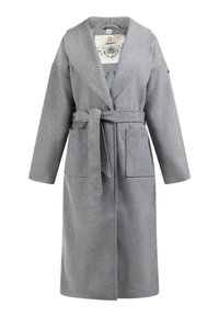 Peignoir en laine grise avec col châle, taille ceinturée, deux poches avant et une texture subtile. Étiquette intérieure visible au niveau de l'encolure.