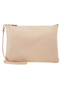 Kožená psaníčko v světle růžové barvě s texturovaným povrchem. Má horní zipové uzavření a odnímatelný popruh pro všestranné možnosti nošení.