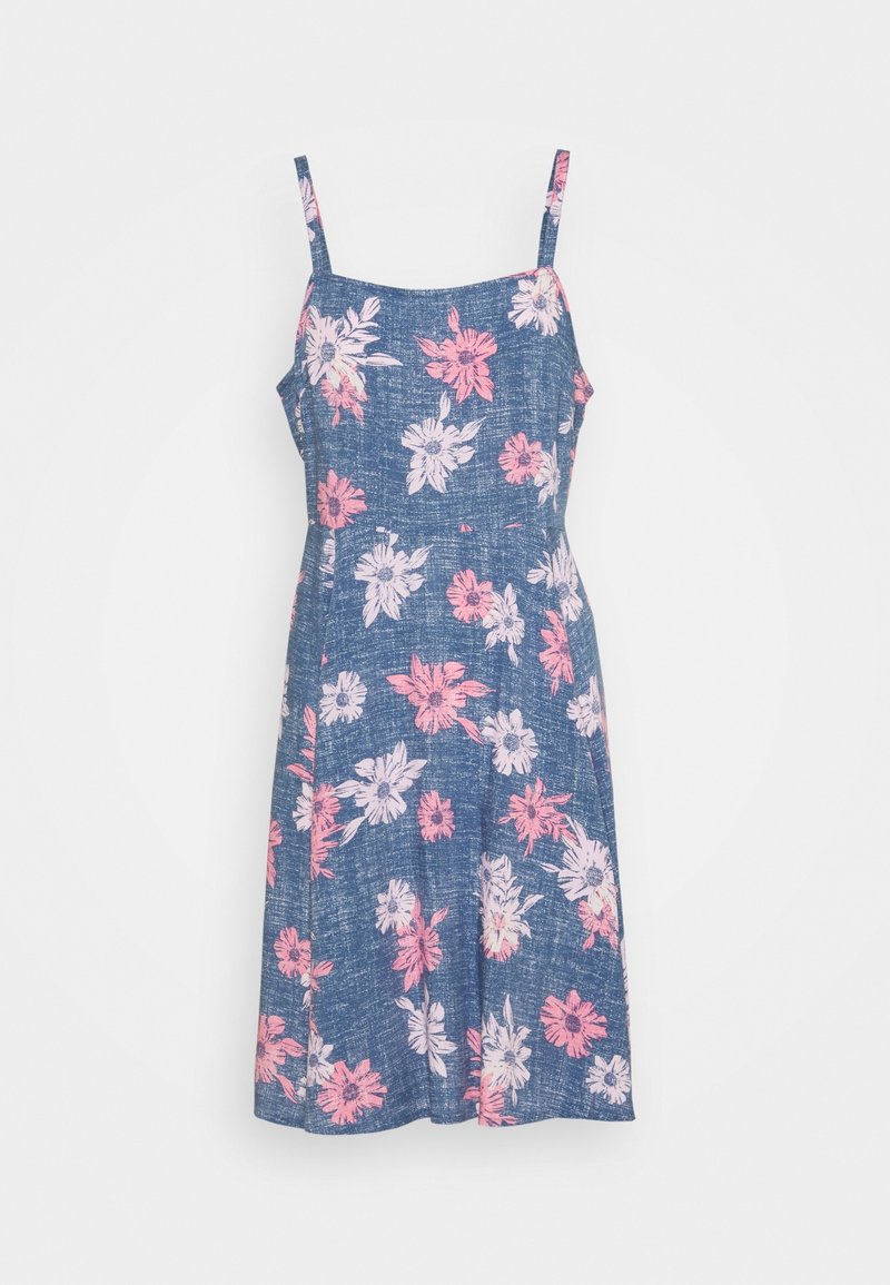 Květinové áčkové šaty v denimu modré barvě, s růžovými a bílými květinovými vzory. Mají tenké ramínka a volný střih. Velmi jemná textura.