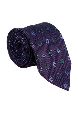 Dark purple rolled tie with green circular and diamond-shaped patterns on a textured fabric background.