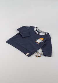 Dunkelblaue Sweatshirt mit weiß gestreiftem Kragen, gesticktem Pinguin-Design, gerippten Bündchen und kleinem Pinguin-Tag. Aus Baumwolle.