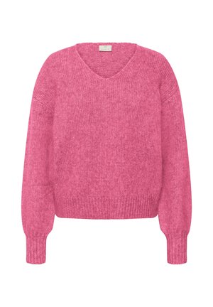 Fukszia kötött pulóver V-nyakkal, hosszú ujjakkal, bordázott mandzsettákkal és szegéllyel. Puha tapintású, laza szabású.