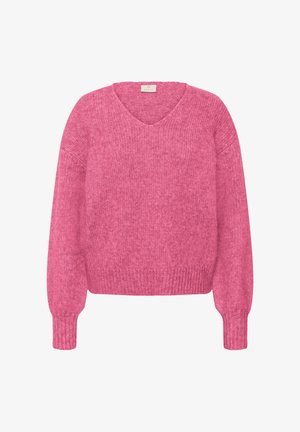 Pulover fucsia tricotat cu gât în V, mâneci lungi și manșete și tiv cu model reiat. Textură moale și design lejer.