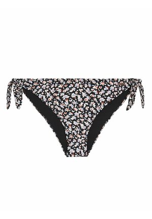 Sort bikiniunderdel med blomsterprint og justerbare bånd i siderne. Har et hvidt og lyserødt blomsterdesign på sort baggrund. Glat tekstur.