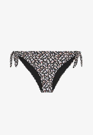 Sort bikiniunderdel med blomsterprint og justerbare bånd i siderne. Har et hvidt og lyserødt blomsterdesign på sort baggrund. Glat tekstur.