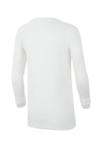 Weißes Langarmshirt mit rundem Halsausschnitt und schmalen Ärmel mit gerafften Bündchen, aus weichem, leichtem Material.
