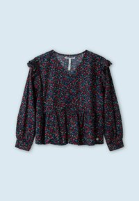 Kwiatowa bluzka z długim rękawem w ciemnoniebieskim kolorze, z dekoltem w kształcie litery V, falbaniastymi akcentami na ramionach oraz marszczonym dołem w kształcie peplum z czerwonymi i żółtymi wzorami kwiatowymi.