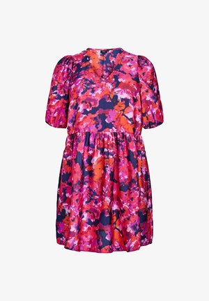 Robe à manches courtes dans un motif floral vibrant rose, orange et bleu marine. Encolure en V avec une taille froncée et une silhouette évasée. Texture de tissu lisse.