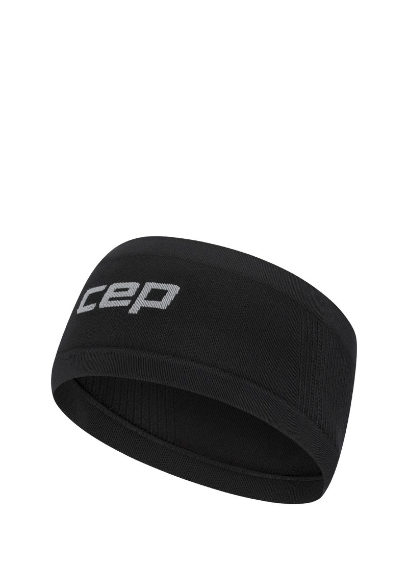 Black athletic headband with a smooth texture, featuring a logo in light gray. Simple, rounded design with a snug fit.