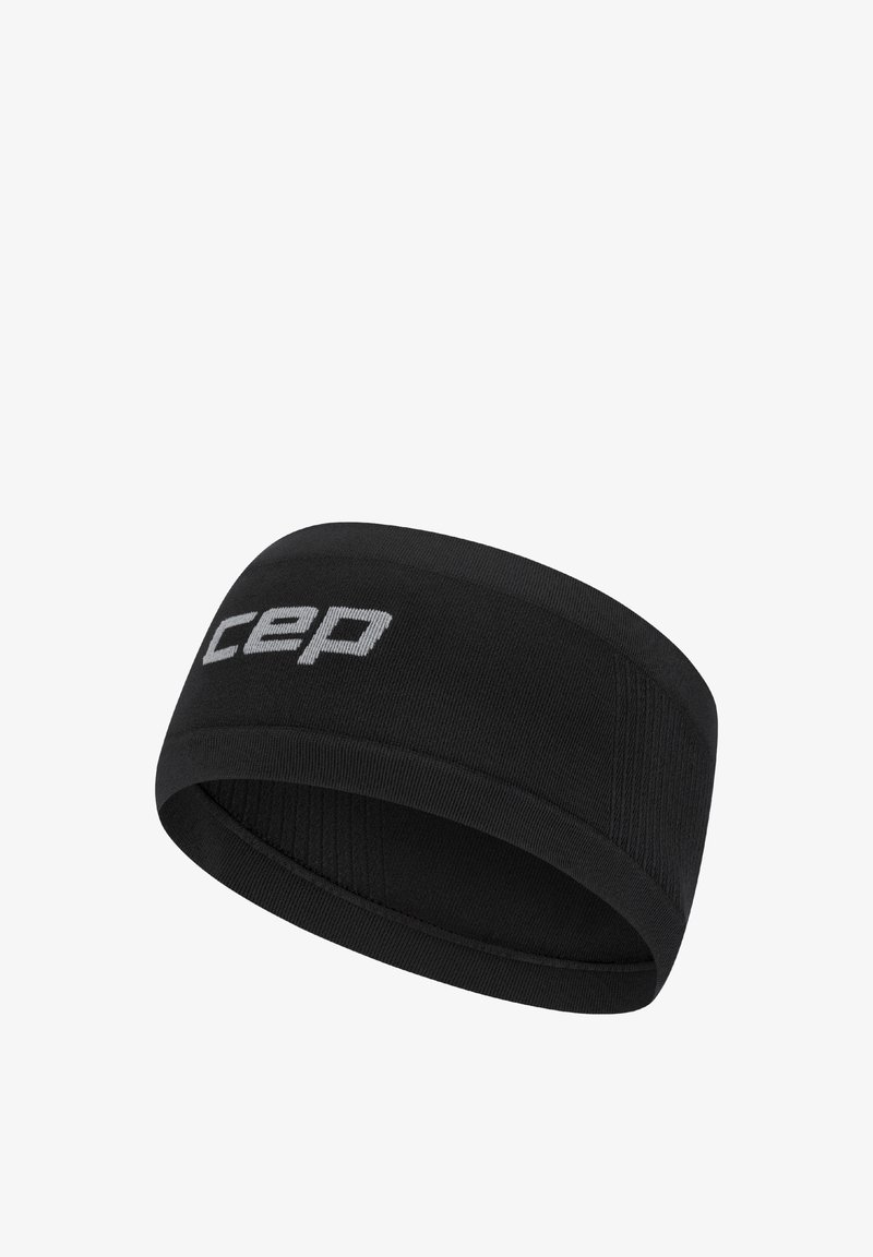 Black athletic headband with a smooth texture, featuring a logo in light gray. Simple, rounded design with a snug fit.