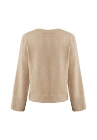 Beige stickad tröja med rund hals, långa ärmar och ribbade ärmslut. Tyget har en slät textur och en figurnära silhuett.