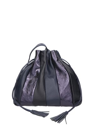 Leather handbag with a drawstring closure, featuring panels in dark blue and black, with a shiny metallic finish on some sections and tassels.